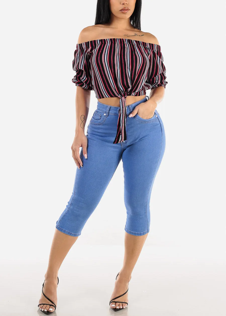 Stripe Off Shoulder Tie Front Crop Top Black sold by Moda product image thumbnail 2