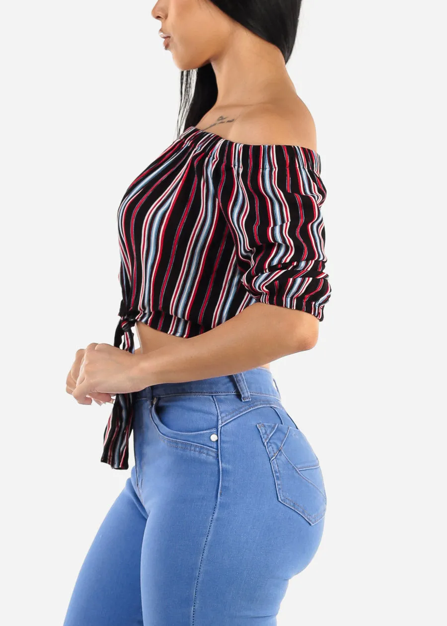 Stripe Off Shoulder Tie Front Crop Top Black sold by Moda product image thumbnail 3