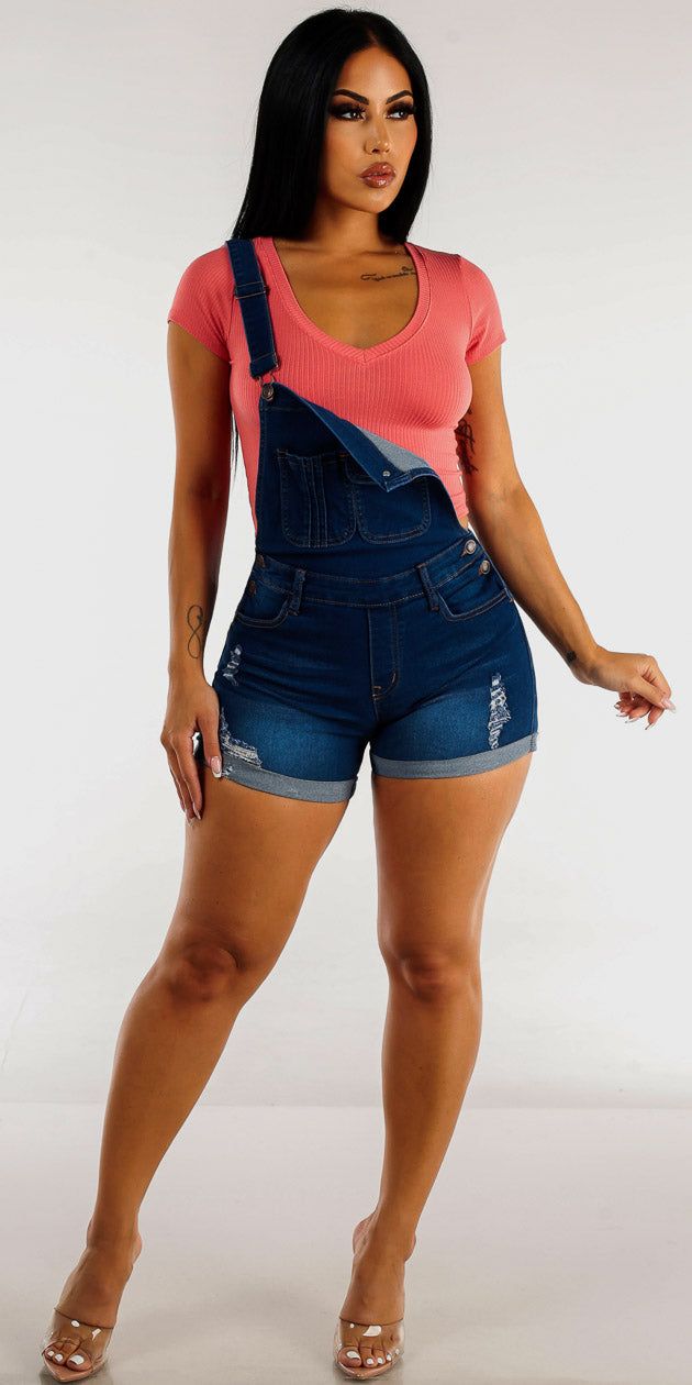 Ripped Dark Blue Cuffed Denim Short Overalls with Short Sleeve Pink Vneck Crop Top sold by Moda