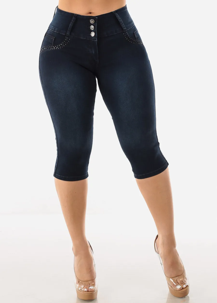 Butt Lifting Mid Rise Dark Denim Capris w Pocket Design sold by Moda product image thumbnail 3