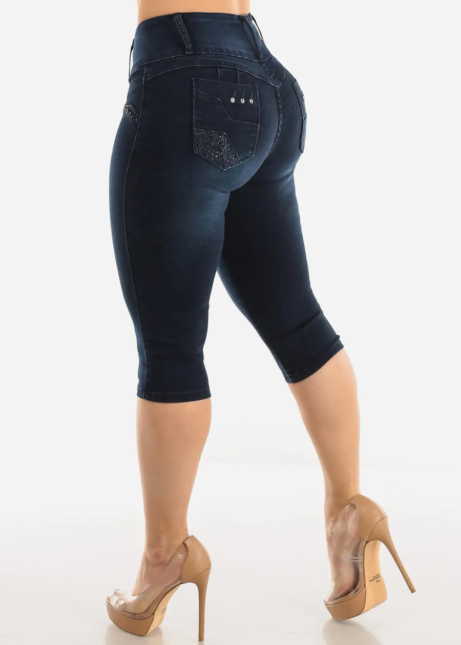Butt Lifting Mid Rise Dark Denim Capris w Pocket Design sold by Moda