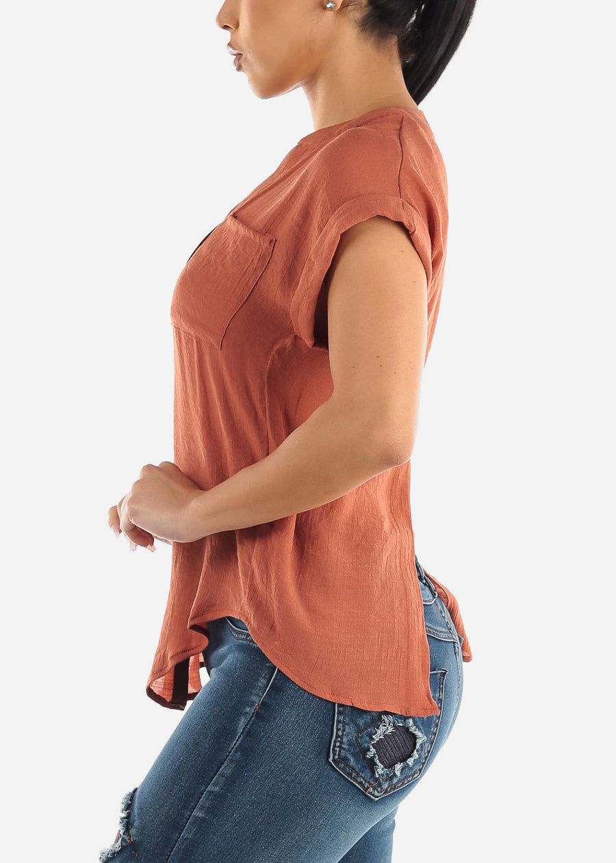 Cuffed Short Sleeve Button Up Shirt Terra w Back Slit sold by Moda product image thumbnail 3