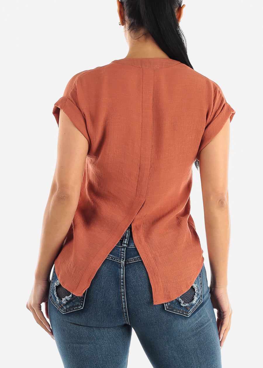 Cuffed Short Sleeve Button Up Shirt Terra w Back Slit sold by Moda product image thumbnail 4
