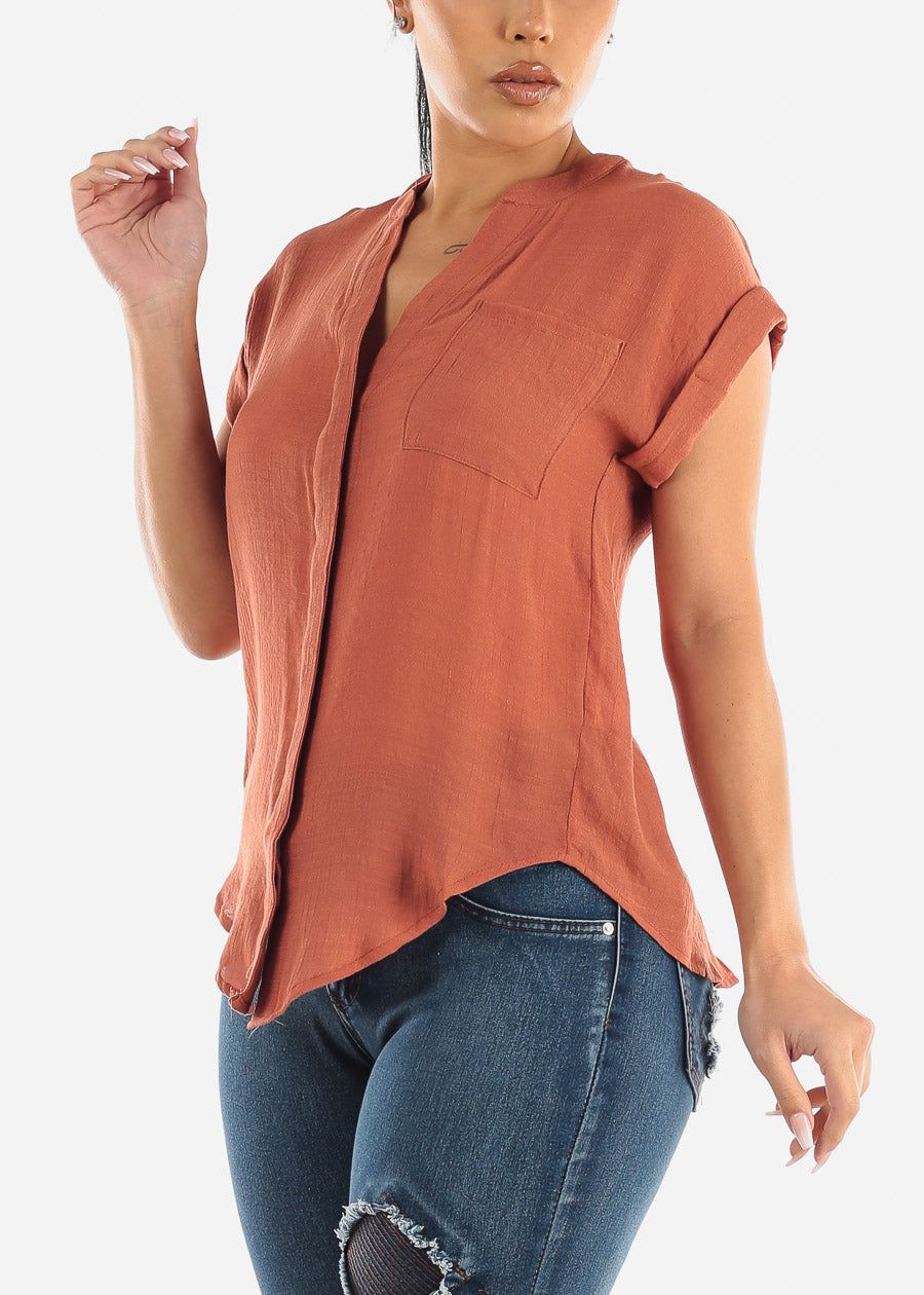 Cuffed Short Sleeve Button Up Shirt Terra w Back Slit sold by Moda