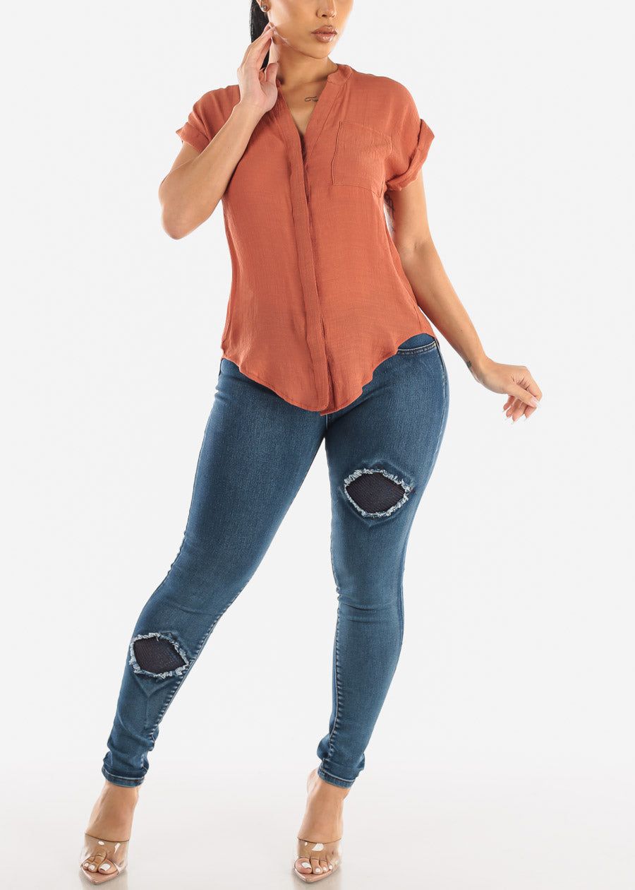 Cuffed Short Sleeve Button Up Shirt Terra w Back Slit sold by Moda product image thumbnail 2