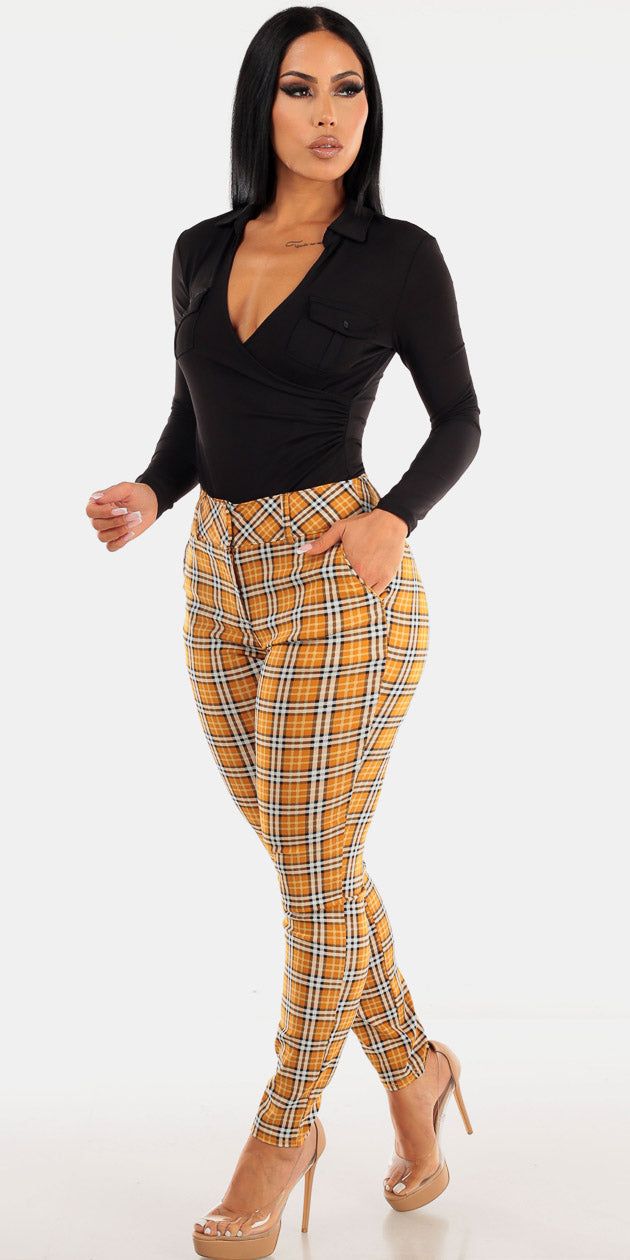Mustard High Waisted Plaid Dressy Skinny Pants with Black Long Sleeve Surplice Collared Blouse sold by Moda