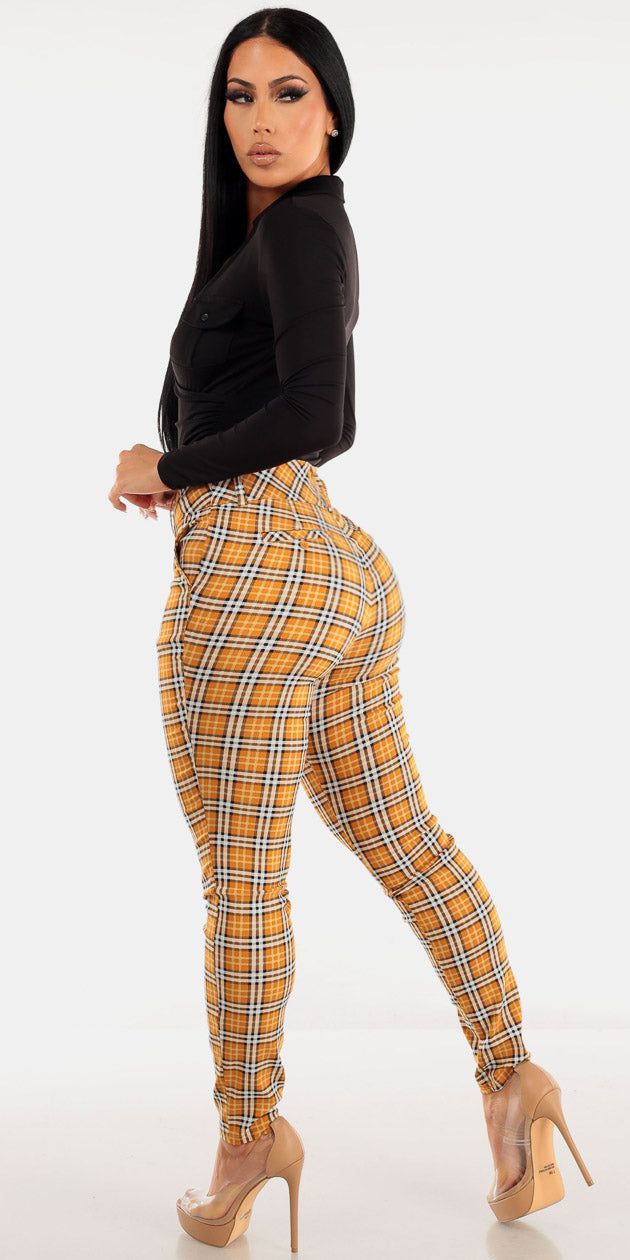 Mustard High Waisted Plaid Dressy Skinny Pants with Black Long Sleeve Surplice Collared Blouse sold by Moda product image thumbnail 2