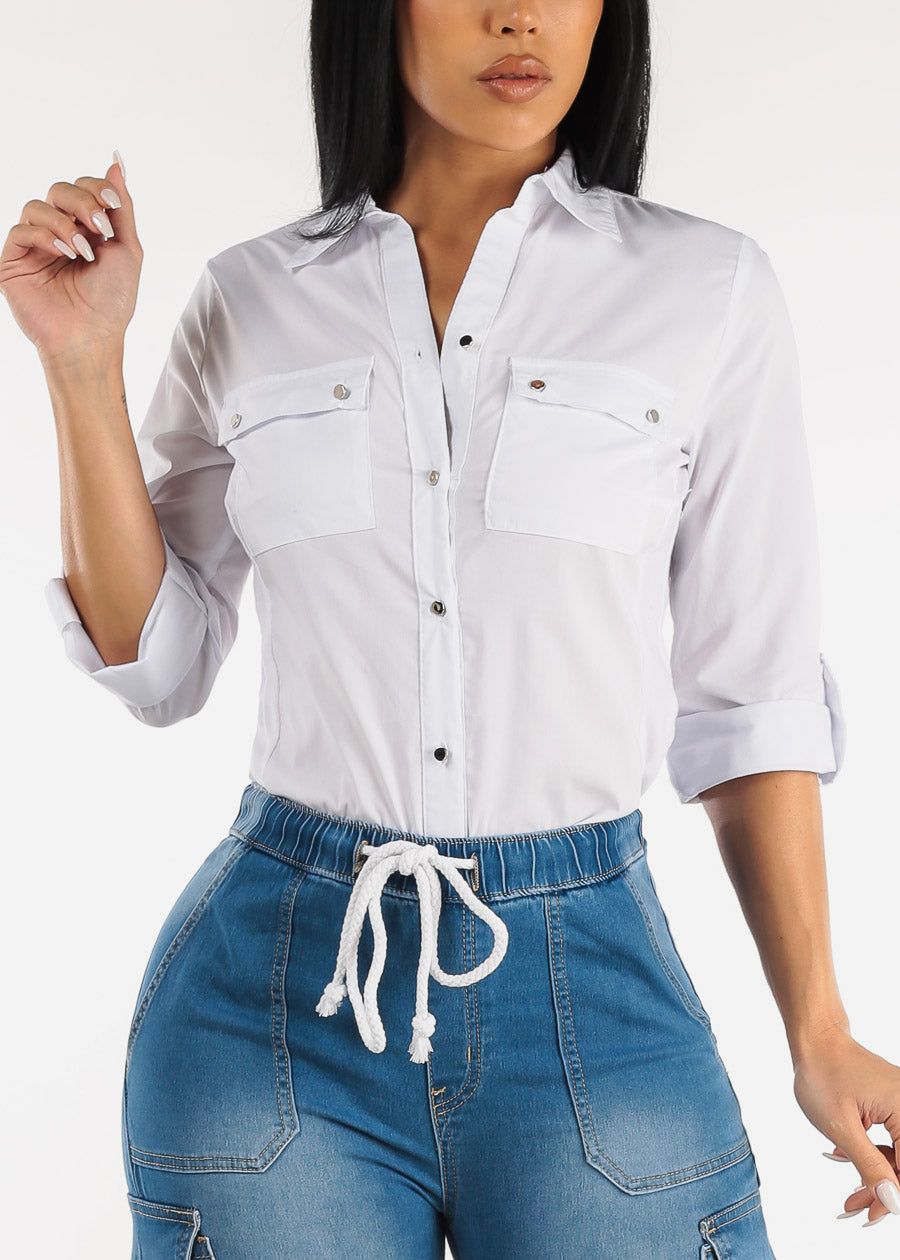 White Quarter Sleeve Button Up Collared Blouse sold by Moda