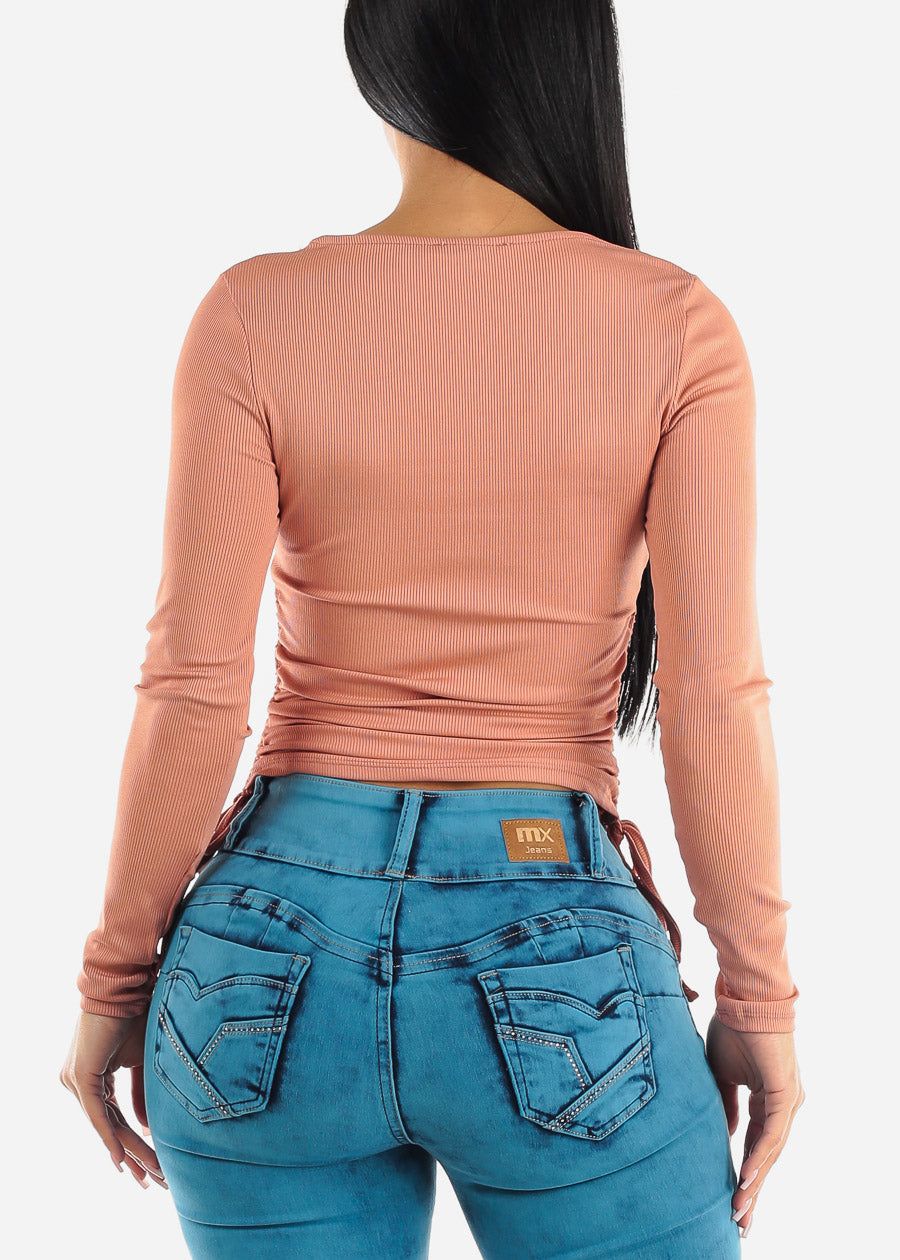 Long Sleeve Ribbed Top Peach w Adjustable Drawstring Sides sold by Moda product image thumbnail 4