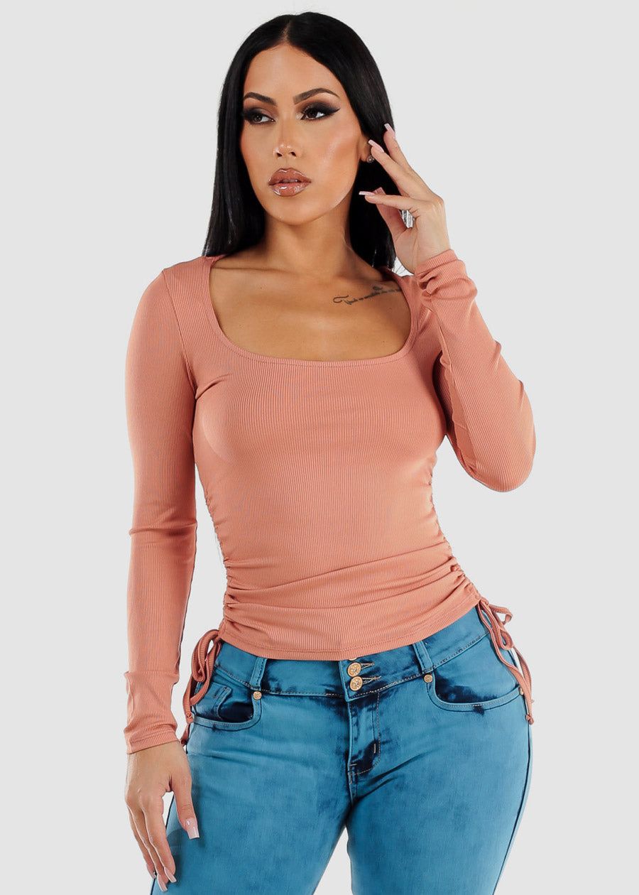 Long Sleeve Ribbed Top Peach w Adjustable Drawstring Sides sold by Moda