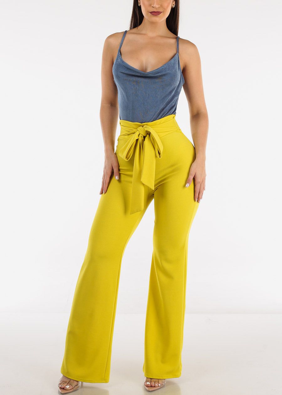 High Rise Waist Tied Wide Leg Formal Pants Lime sold by Moda product image thumbnail 2