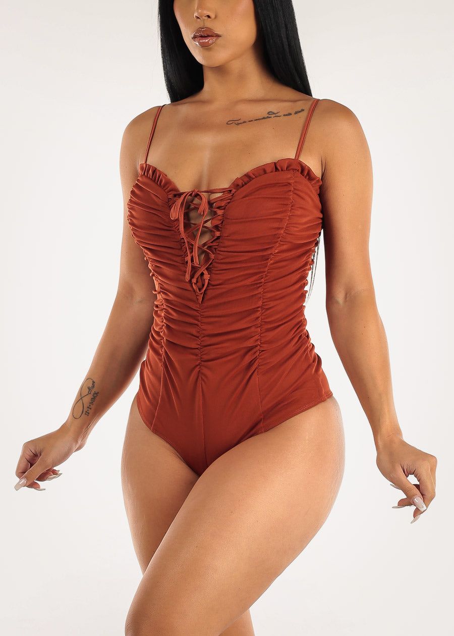 Sleeveless Lace Up Ruched Camel Bodysuit sold by Moda product image thumbnail 2