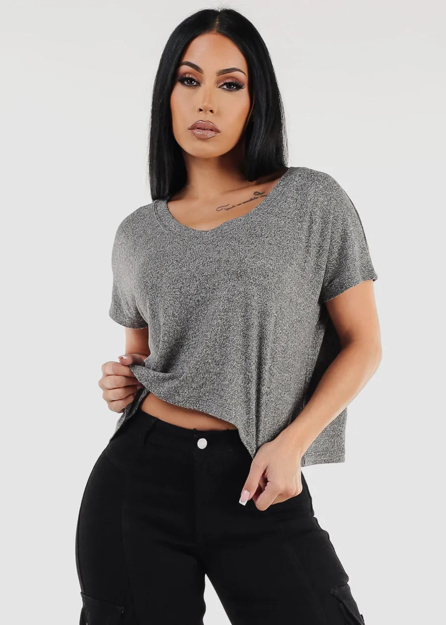 Short Sleeve Vneck Ultra Soft Crop Top Heather Black sold by Moda
