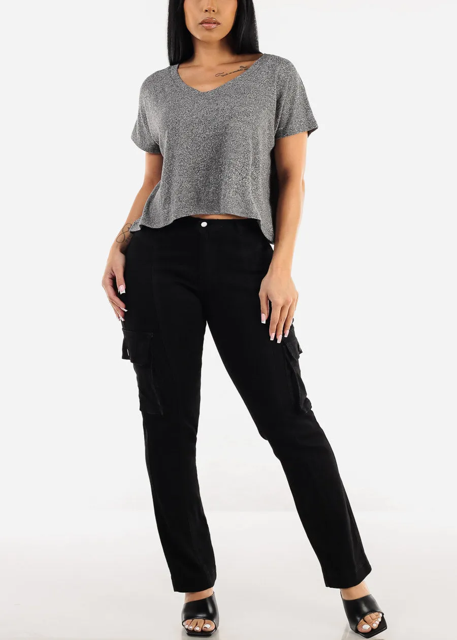 Short Sleeve Vneck Ultra Soft Crop Top Heather Black sold by Moda product image thumbnail 2