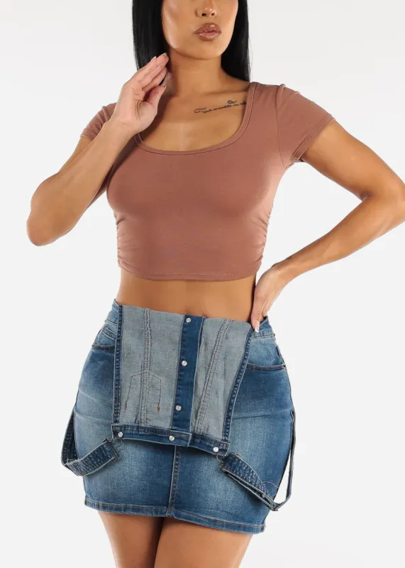 Short Sleeve Ruched Sides Crop Top Brown sold by Moda