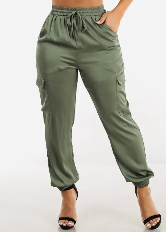 High Waisted Olive Satin Cargo Jogger Pants sold by Moda