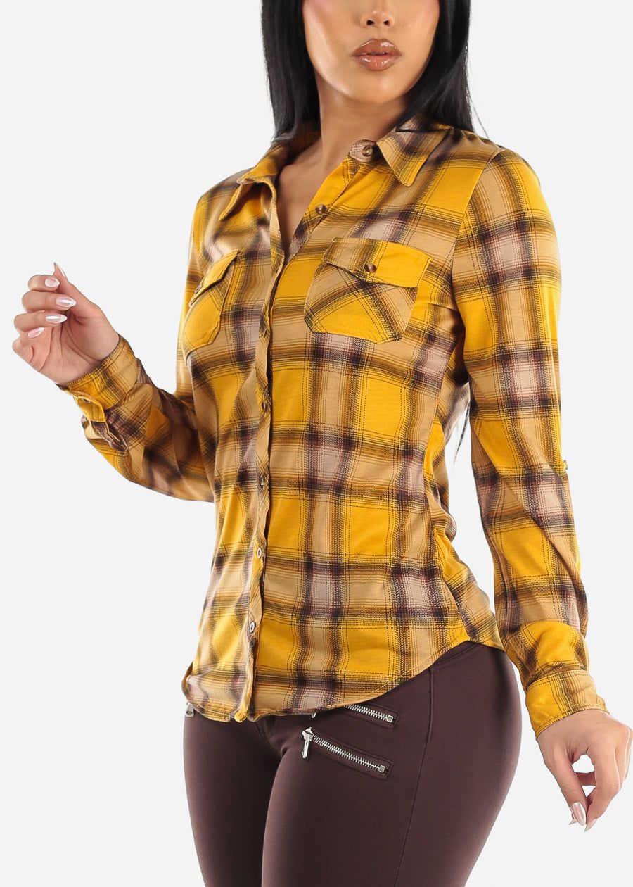 Long Sleeve Button Up Plaid Shirt Mustard sold by Moda