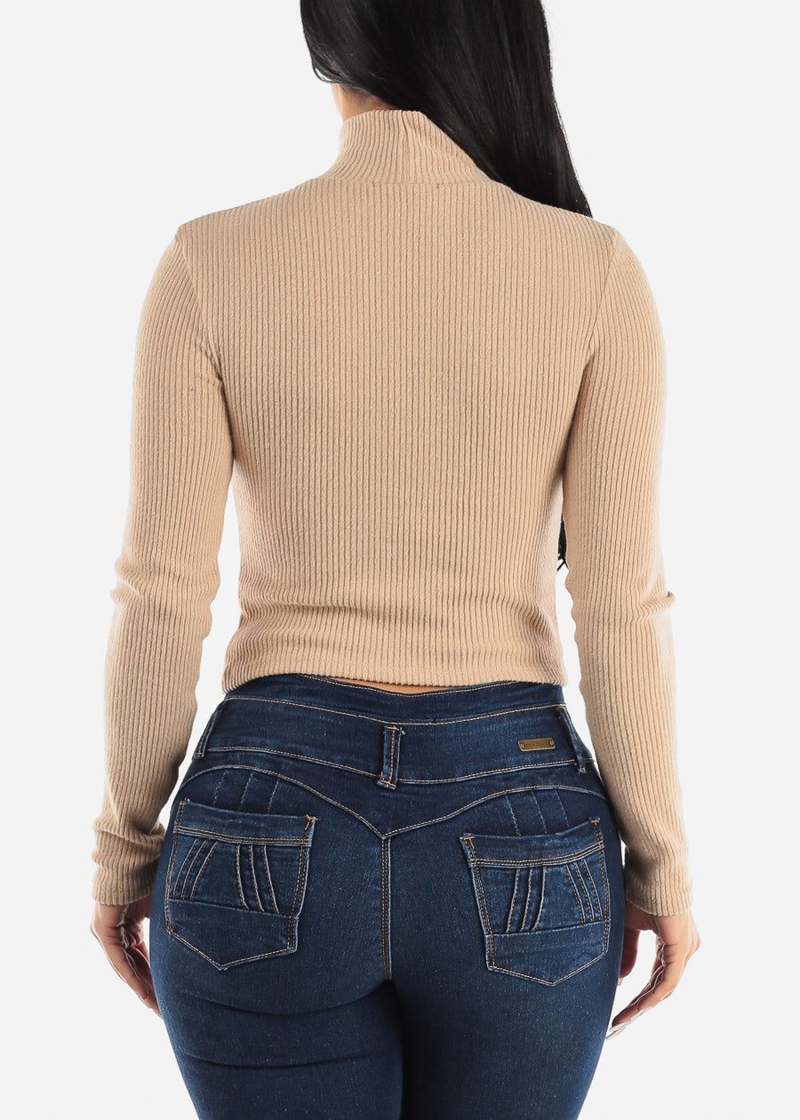 Long Sleeve Mock Neck Cropped Sweater Top Taupe sold by Moda product image thumbnail 4