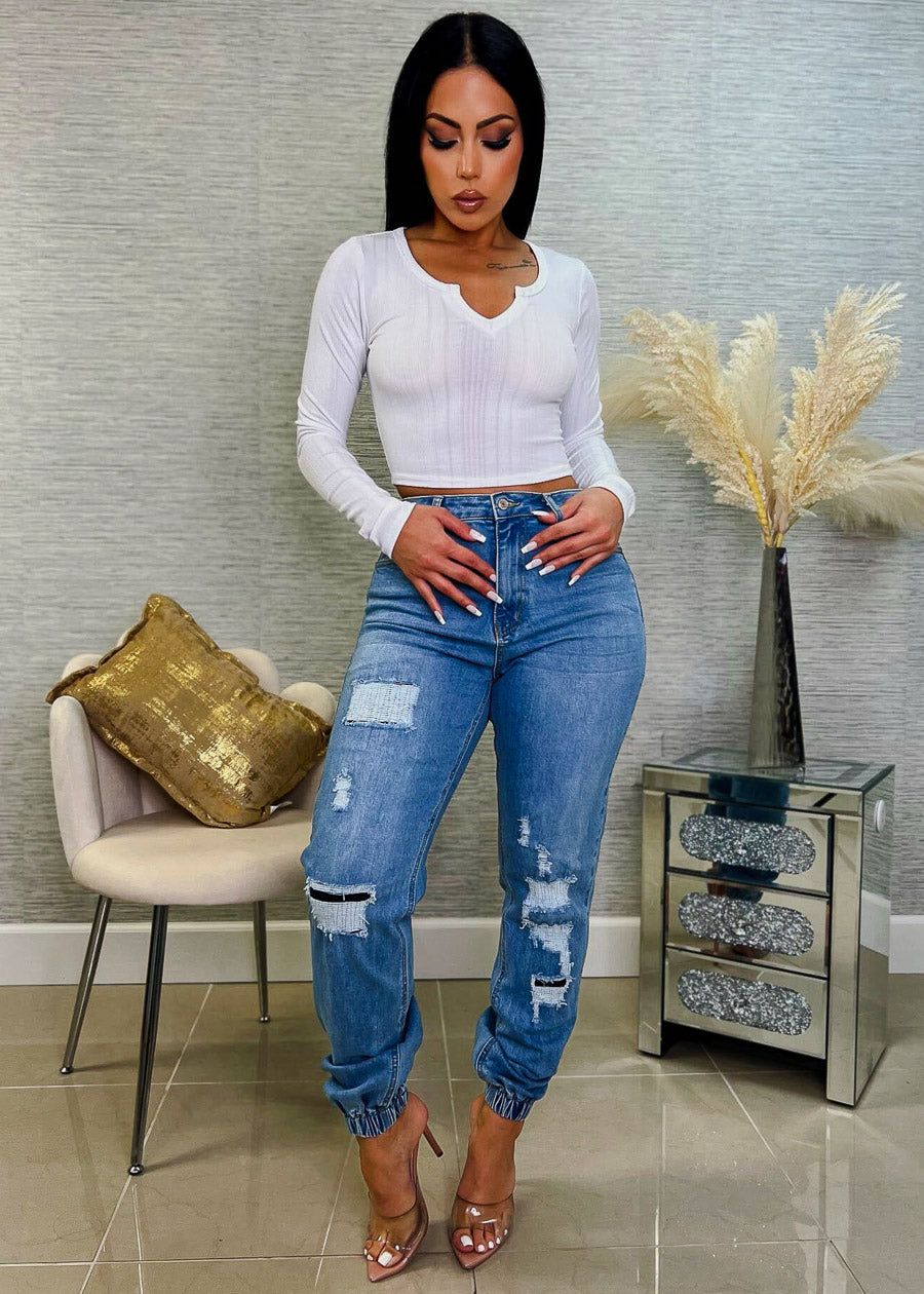 White Long Sleeve Notched Neckline Crop Top sold by Moda product image thumbnail 2