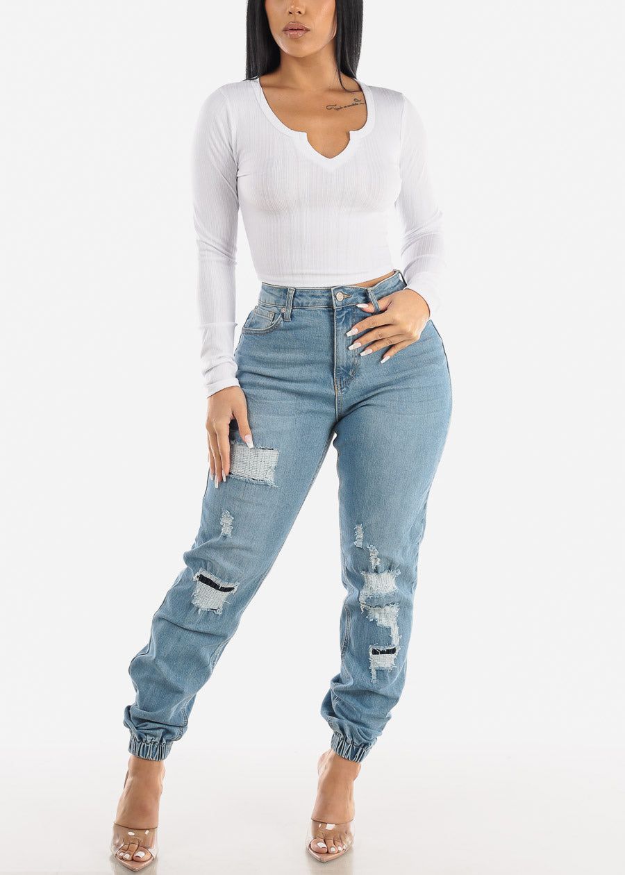 White Long Sleeve Notched Neckline Crop Top sold by Moda product image thumbnail 4