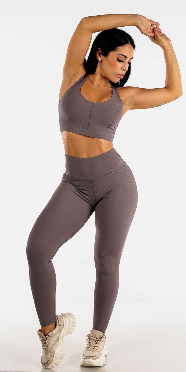 Workout Ribbed Dak Lilac Leggings with Adjustable Straps Sports Bra sold by Moda