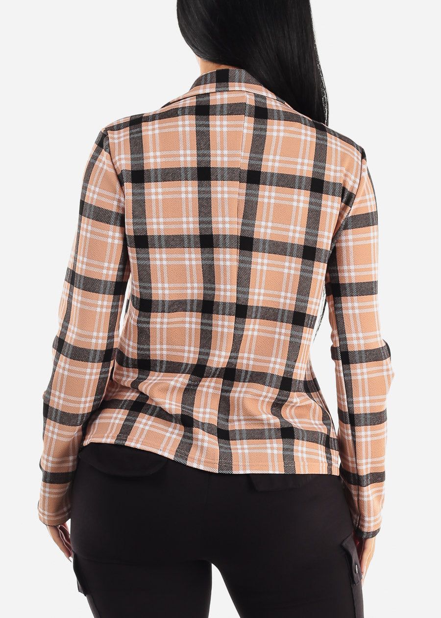 Long Sleeve Open Front Plaid Blazer Khaki sold by Moda product image thumbnail 4