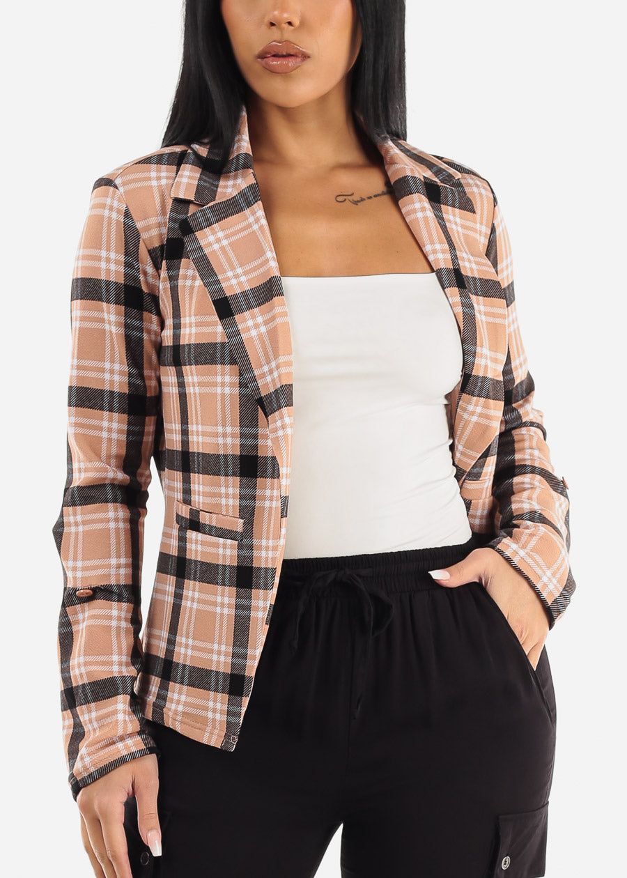 Long Sleeve Open Front Plaid Blazer Khaki sold by Moda