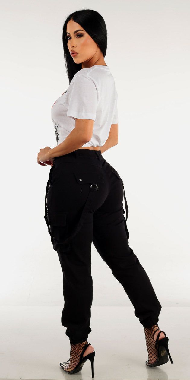 High Rise Black jogger Pants with Straps and White Short Sleeve Graphic T-Shirt sold by Moda product image thumbnail 2