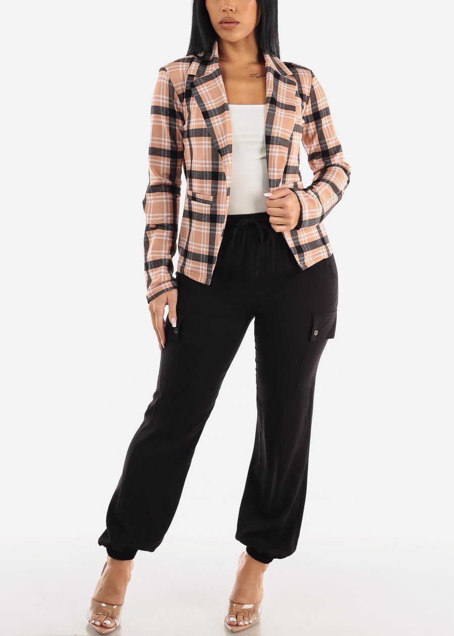 Long Sleeve Open Front Plaid Blazer Khaki sold by Moda product image thumbnail 2