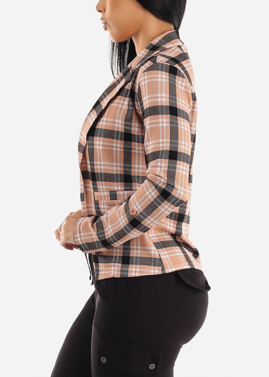 Long Sleeve Open Front Plaid Blazer Khaki sold by Moda product image thumbnail 3