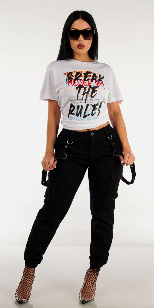 High Rise Black jogger Pants with Straps and White Short Sleeve Graphic T-Shirt sold by Moda
