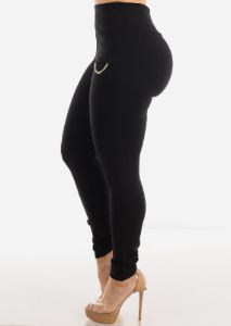 High Waist Black Dressy Skinny Pants w Chain Detail sold by Moda