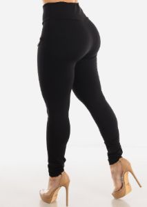 High Waist Black Dressy Skinny Pants w Chain Detail sold by Moda