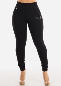 High Waist Black Dressy Skinny Pants w Chain Detail sold by Moda