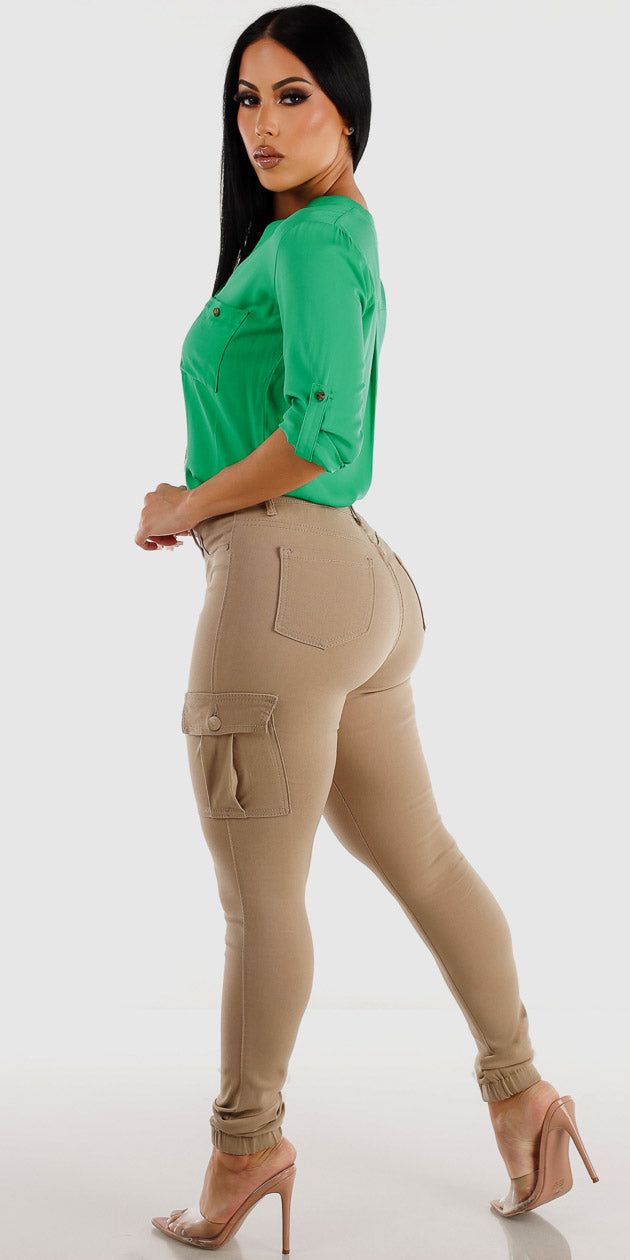 Khaki High Waisted Stretch Cargo Joggers with Green Button Up Long Sleeve Shirt sold by Moda product image thumbnail 2