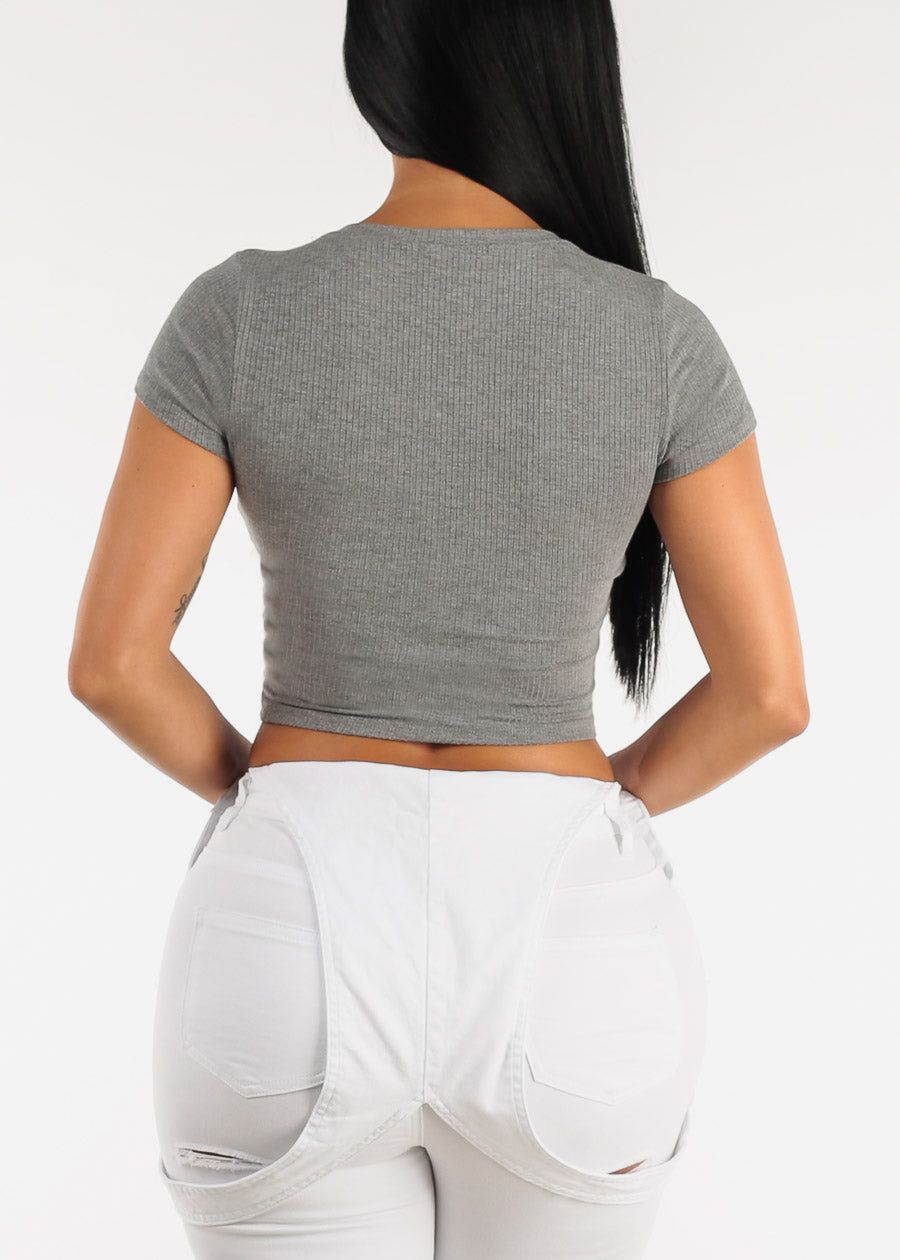 Grey Ribbed Vneck Short Sleeve Crop Top sold by Moda product image thumbnail 4
