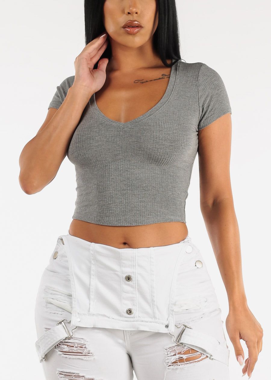 Grey Ribbed Vneck Short Sleeve Crop Top sold by Moda
