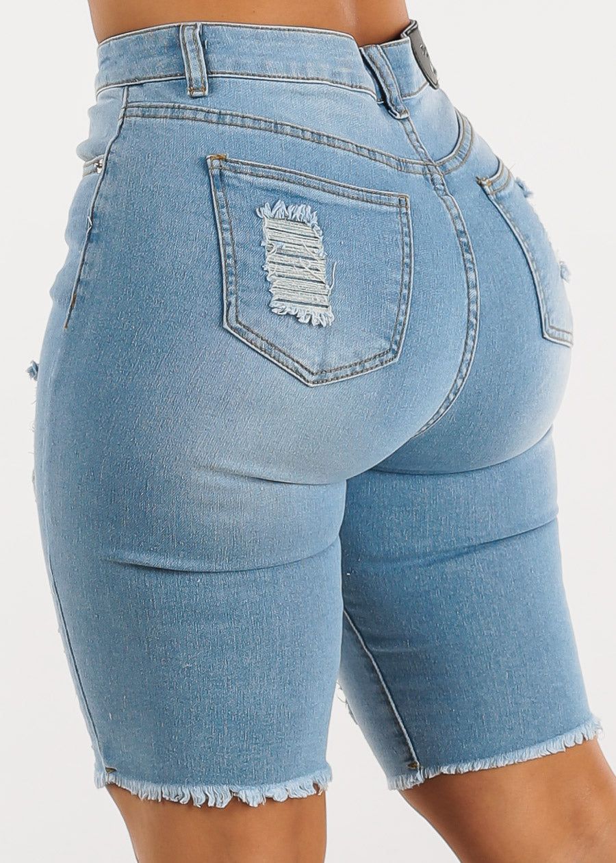 High Waisted Distressed Light Denim Bermuda Shorts sold by Moda product image thumbnail 5