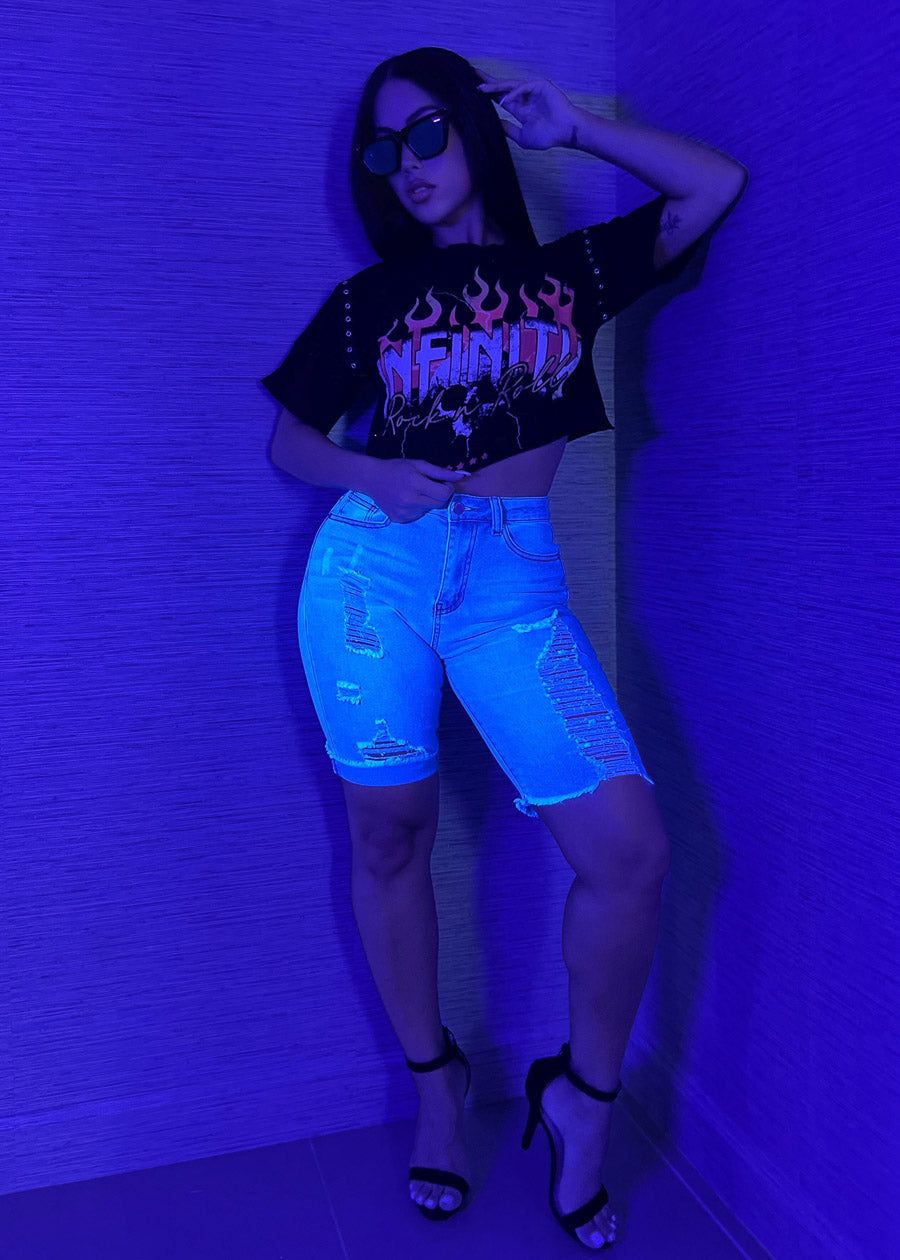 High Waisted Distressed Light Denim Bermuda Shorts sold by Moda product image thumbnail 2