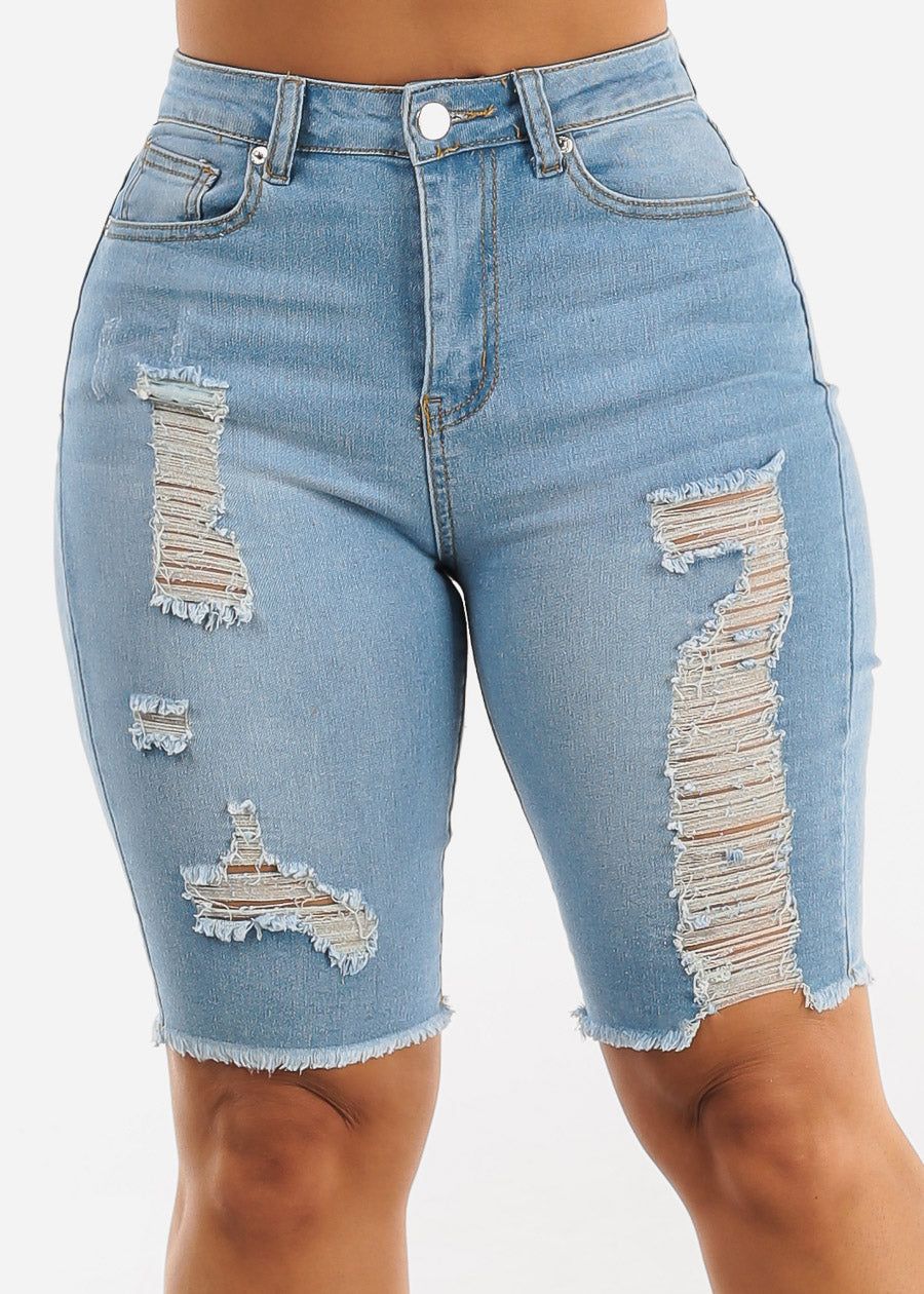 High Waisted Distressed Light Denim Bermuda Shorts sold by Moda