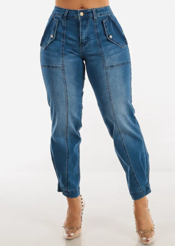 High Waisted Med Wash Utility Cargo Ankle Jeans sold by Moda