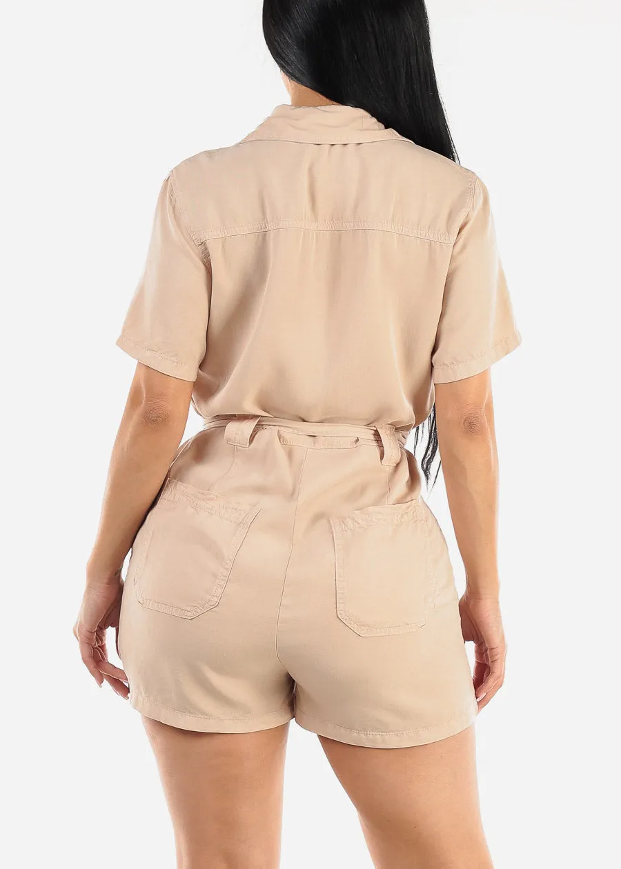 Short Sleeve Button Up Belted Romper Khaki sold by Moda product image thumbnail 4