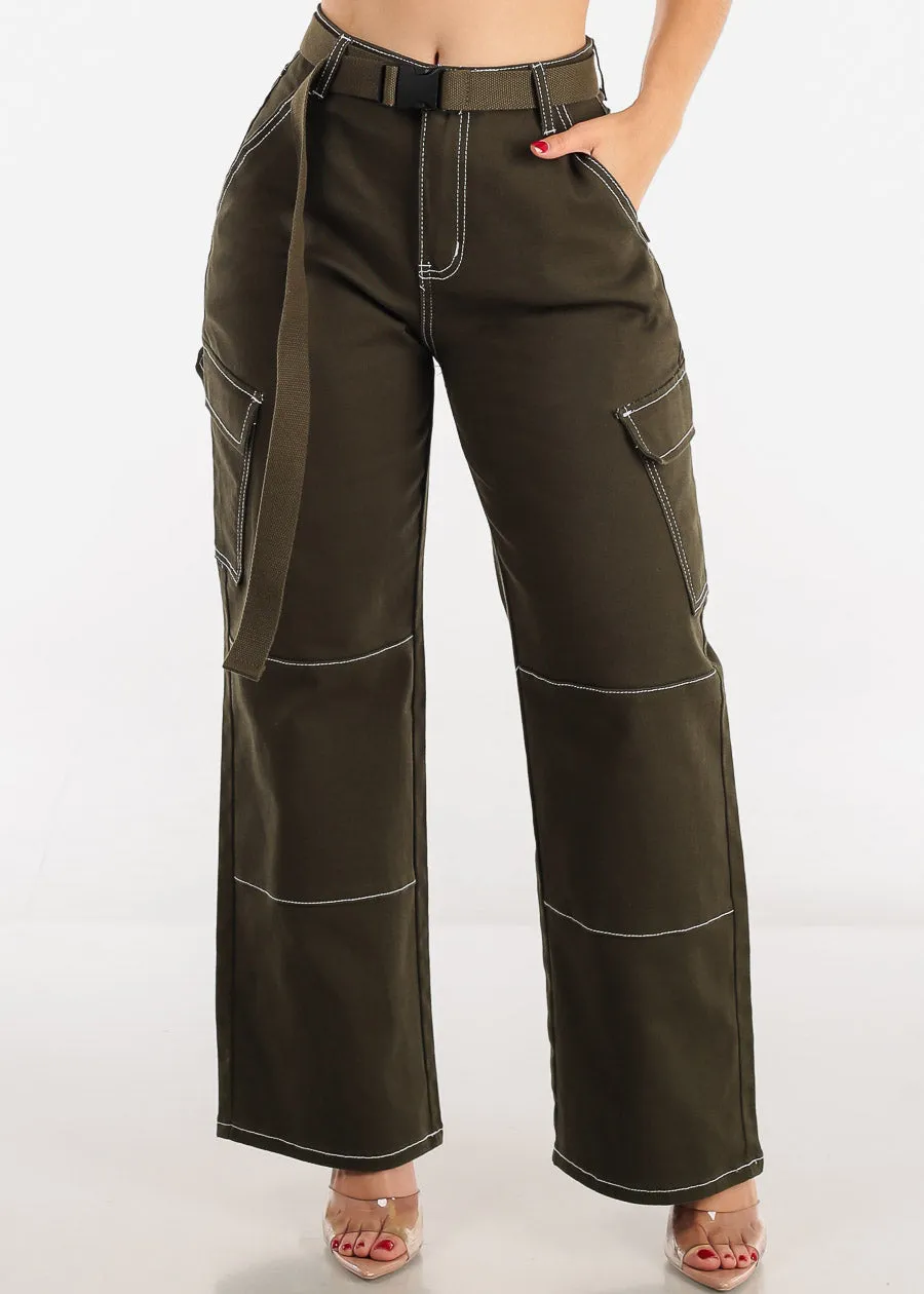 High Waist Straight Wide Leg Olive Cargo Pants w Belt sold by Moda