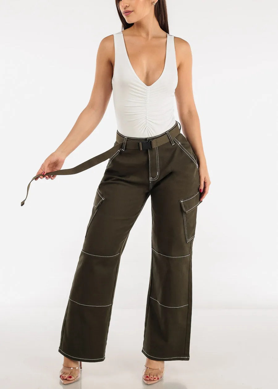 High Waist Straight Wide Leg Olive Cargo Pants w Belt sold by Moda product image thumbnail 5