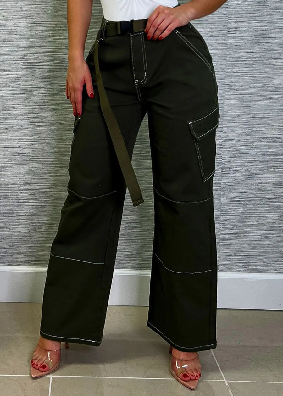 High Waist Straight Wide Leg Olive Cargo Pants w Belt sold by Moda product image thumbnail 3
