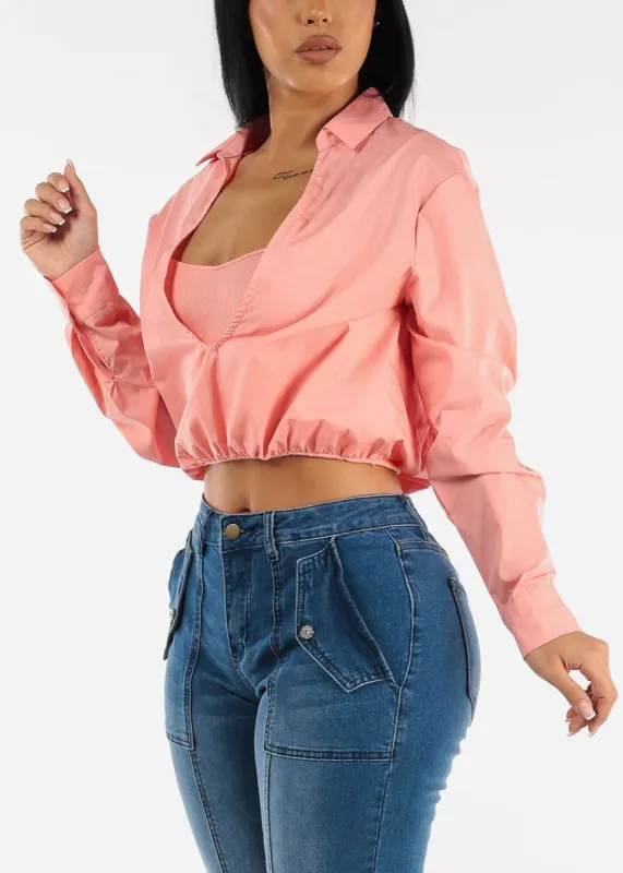 Long Sleeve Double Layer Collared Crop Top Blush sold by Moda