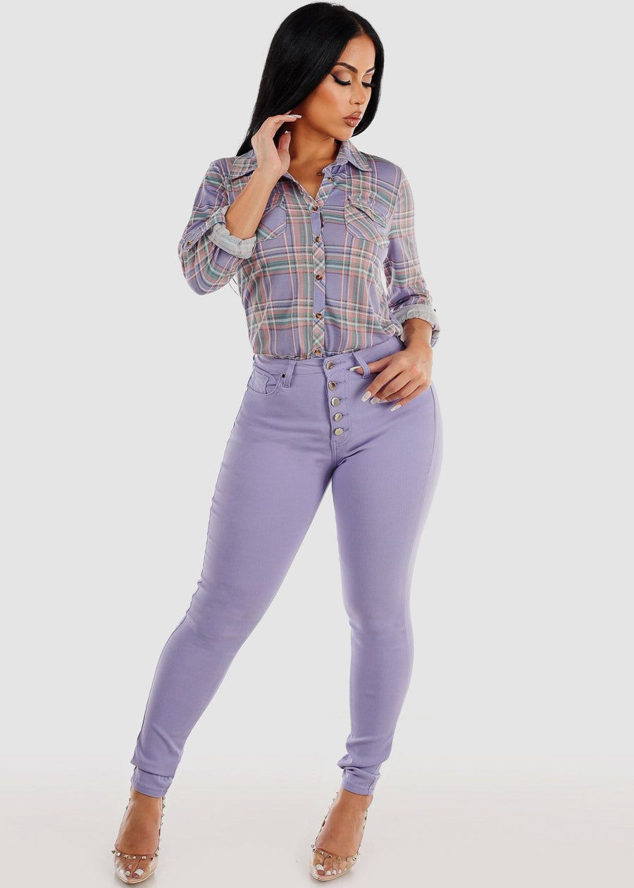 Button Up Hyper Stretch Butt Lifting Skinny Pants Lilac sold by Moda product image thumbnail 2