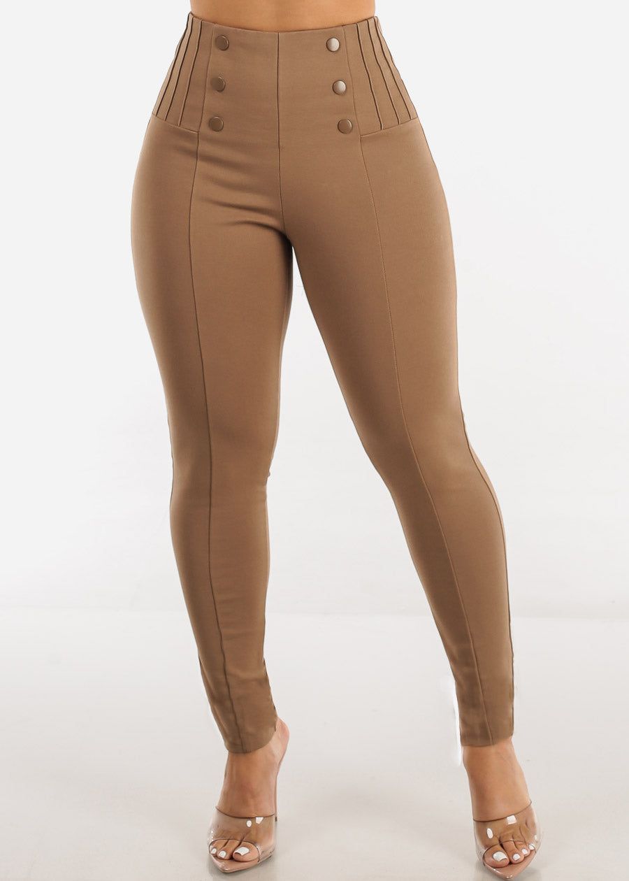 Super High Waist Dressy Skinny Pants Mocha w Buttons sold by Moda