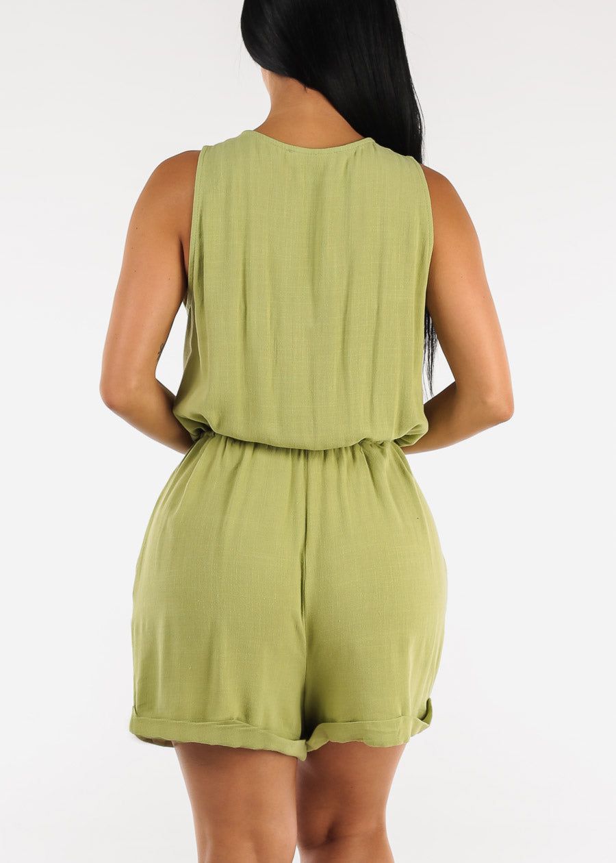 Drawstring Waist Sleeveless Linen Romper Pale Olive sold by Moda product image thumbnail 4