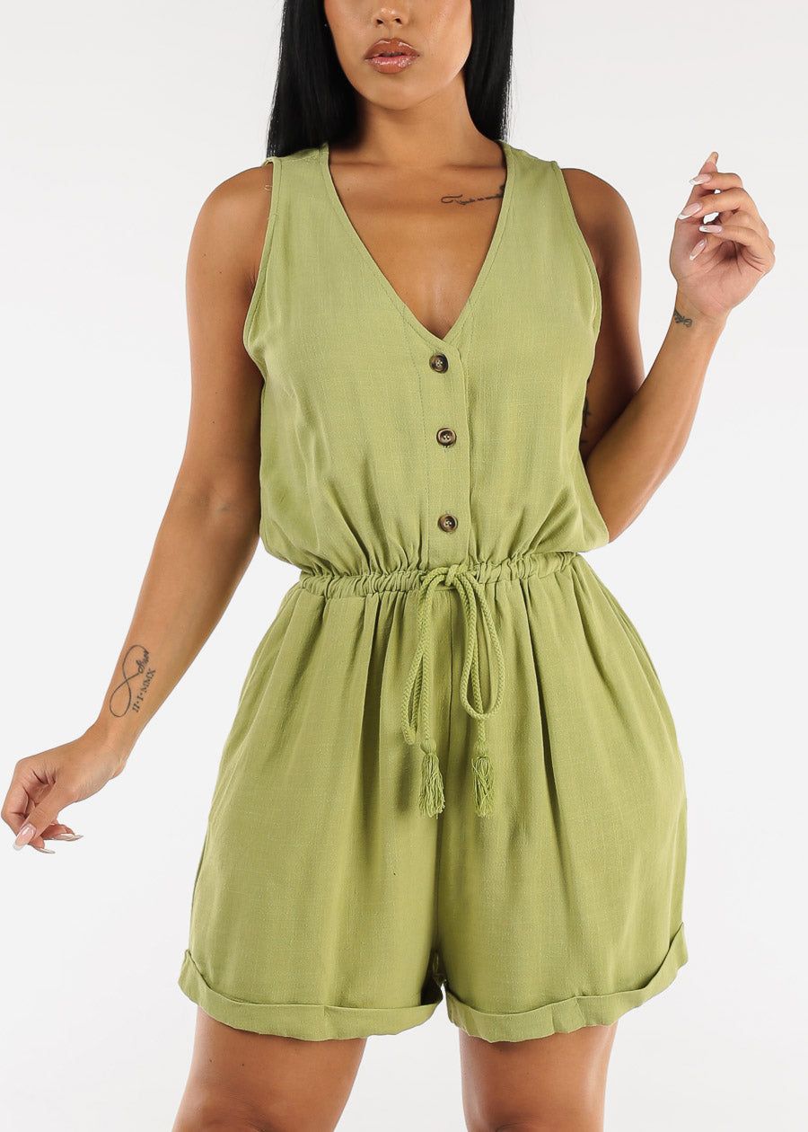 Drawstring Waist Sleeveless Linen Romper Pale Olive sold by Moda